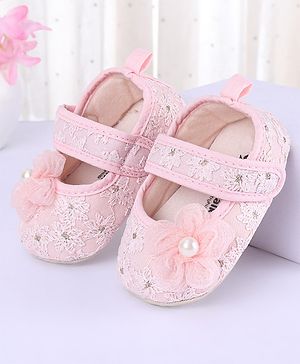 Cute Walk by Babyhug Velcro Closure Floral Embroiderer with Pearl Applique Ballerina Booties - Pink