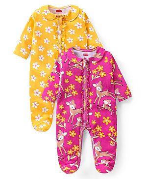 Babyhug Cotton Knit Full Sleeves Sleep Suit Floral & Deer Print Pack of 2 -Yellow & Pink