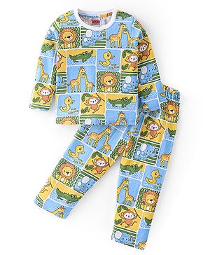 Babyhug Cotton Knit Full Sleeves Night Suit with Animal Print - Multicolour