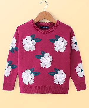 Pine Kids Knitted Full Sleeves Pullover Sweater with Floral Design & Applique - Lavender