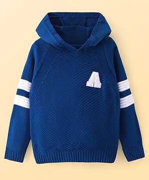 Pine Kids Knitted Full Raglan Sleeves Hooded Pullover Sweater with Alphabate Embroidery - Royal Blue