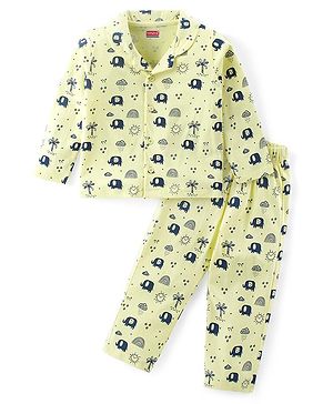 Babyhug Cotton Knit Full Sleeves Front Open Night Suit Elephant Print - Light Yellow