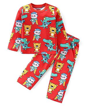 Babyhug Cotton Knit Full Sleeves Night Suit with Tiger & Panda Print - Red