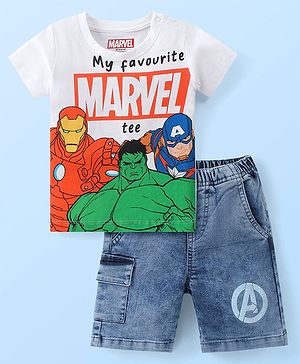 Babyhug Marvel Single Jersey Knit T-Shirt & Shorts Set With Avengers Graphic and Badge Detailing - Multicolour