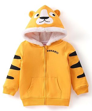 Babyhug Full Sleeve Front Open Hooded Sweat Jacket with Animal Print & Ears Applique - Yellow