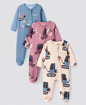 Bonfino 100% Cotton Knit Full Sleeve Sleep Suits With Vehicle  Print Pack Of 3 - Blue Rose Gold & Off White