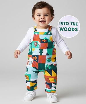 Babyhug Single Jersey Knit Full Sleeves Solid T-Shirt & Dungaree Style Romper with Jungle Theme Print - White & Green