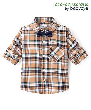 Babyoye 100% Cotton Full Sleeves Checkered  Party Shirt with Bow - Orange & White