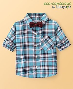 Babyoye 100% Cotton Woven Full Sleeves Checks Shirt With Bow - Blue