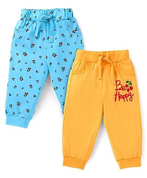 Doodle Poodle Single Jersey Knit Full Length Lounge Pants With Text & Cherries Print Pack Of 2 - Light Blue & Yellow