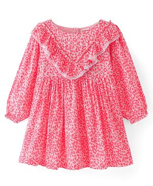 Babyhug Full Sleeves Printed Frock with Frill Detailing- Pink