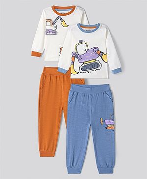 Bonfino Boys 100% Cotton Knit Full Sleeves Vehicle Printed Night Suits Pack of 2 - Orange & Blue