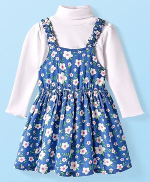 Babyhug Cotton Woven Frock & Full Sleeves Inner Tee With Floral Print - Blue