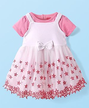 Babyhug Woven Half Sleeves Embroidered Stars Frock with T-Shirt - White & Pink
