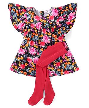 Babyhug Cotton Woven Floral Printed Fit & Flare Frock With Legging - Red
