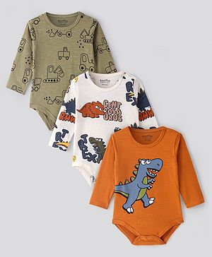 Bonfino 100% Cotton Knit Full Sleeves Onesies with Dino & Car Print Pack of 3  - Olive Green White & Orange