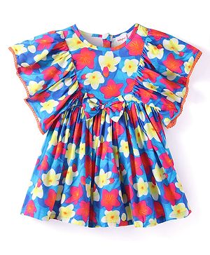 Babyhug Cotton Woven Flutter Sleeves Floral Printed Frock - Blue