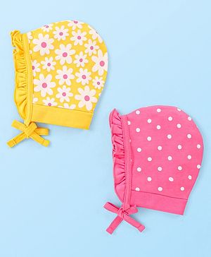 Babyhug 100% Cotton Knit Caps With Floral & Polka Dots Print Pack Of 2 - Yellow & Dark Pink
