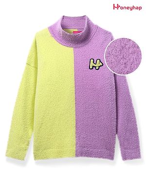 Honeyhap Knitted Full Sleeves Pullover High Neck Sweater With Colour Block Design & Chenille Logo - Yellow & Purple