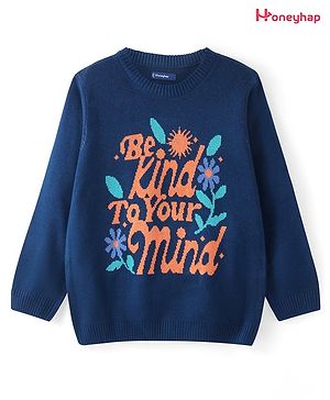 Honeyhap Premium Knitted Full Sleeves Pullover Sweater with Text Design - Navy Blue