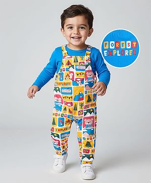Babyhug Single Jersey Knit Dungaree and Full Sleeves T-Shirt Set with Teddy Print - Yellow & Royal Blue