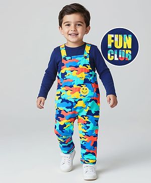 Babyhug Single Jersey Knit Full Sleeves Text & Camouflage Printed T-Shirt & Dungaree - Navy Blue