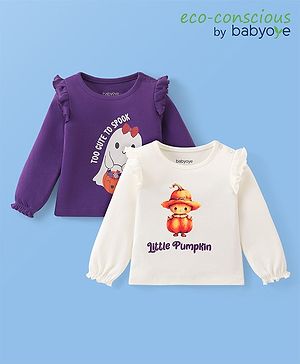 Babyoye  100% Cotton Full Sleeves Tops with Frill Detailing & Little Pumpkin Print Pack of 2- Purple & White