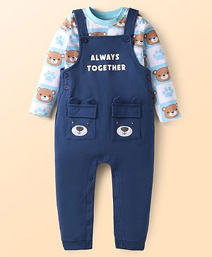 Babyhug Single Jersey Knit Dungaree & Full Sleeves T-Shirt With Teddy Bear Print - Navy Blue