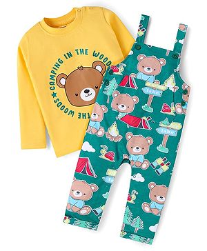 Babyhug Single Jersey Knit Full Sleeves Bear Printed T-Shirt & Dungaree Set - Yellow & Green