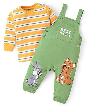 Babyhug Cotton Single Jersey Knit Full Sleeves Striped T-Shirt & Dungaree Set With Animal Print - Green