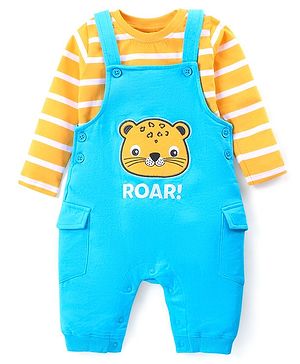 Babyhug Single Jersey Knit Full Sleeves Striped T-Shirt & Dungaree  with Cheetah Embroidery - Blue & Yellow