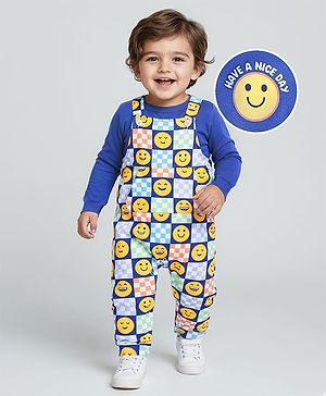 Babyhug Single Jersey Knit Dungaree with Full Sleeves Inner T-Shirt Emoji Print - Navy Blue