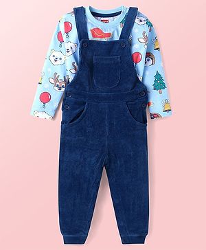 Babyhug Single Jersey Knit Full Sleeves Animal Printed T-Shirt & Dungaree - Navy Blue