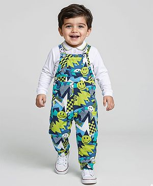 Babyhug Single Jersey Knit Dungaree and Full Sleeves Solid Color T-Shirt Set - Green Blue & White