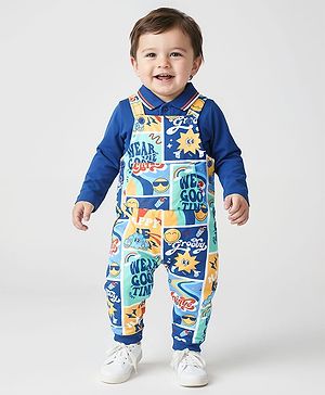 Babyhug Single Jersey Knit Full Sleeves T-Shirt & Text Printed Dungaree - Blue