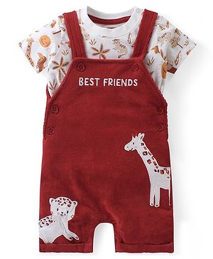 Babyhug Single Jersey Knit Half Sleeves T-Shirt with Animals Patch Dungaree - Maroon & White