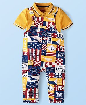 Babyhug Single Jersey Knit Half Sleeves Solid T-Shirt & Dungaree Style Romper with Flags  Print - Yellow & Blue
