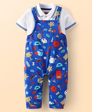 Babyhug Single Jersey Knit Printed Dungaree & Half Sleeves Polo T-Shirt - White & Blue