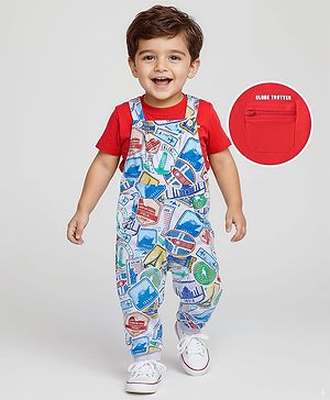 Babyhug Single Jersey Knit Half Sleeves Solid T-Shirt & Stamp Printed Dungaree - Red