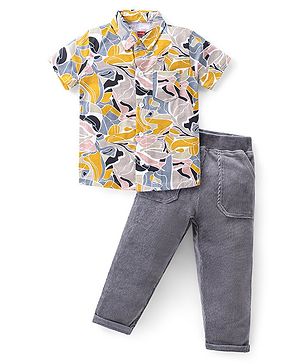 Babyhug Cotton Knit Half Sleeves Abstract Printed Shirt & Corduroy Pants Set - Multicolor