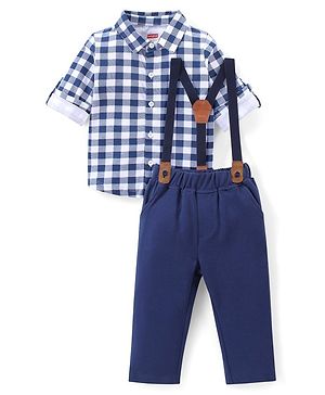 Babyhug Cotton Knit Full Sleeves Checkered Shirt & Lounge Pants Set With Suspender - Blue