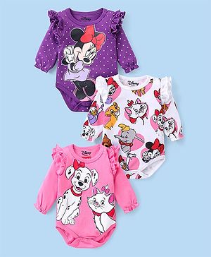 Babyhug Disney Interlock Knit Full Sleeves Onesies with Frill Detailing Marie 101 Dalmatians & Minnie Mouse Print Pack of 3 - Purple Pink & White