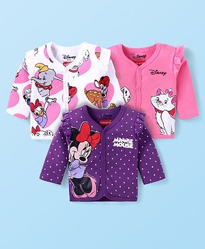 Babyhug Disney Interlock Knit Full Sleeves Front Open Vests with Marie Dumbo & Minnie Mouse Print & Frill Detailing Pack of 3 - Purple Pink & White