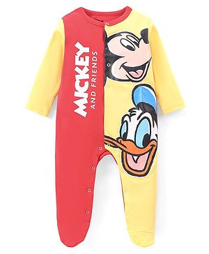 Babyhug Disney Interlock Knit Full Sleeves Footed Cut & Sew Sleep Suit with Mickey Mouse Graphics - Red & Yellow