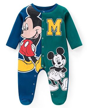 Babyhug Disney Interlock Knit Full Sleeves Sleepsuit With Mickey Mouse Graphic - Navy Blue & Green