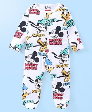 Babyhug Disney Interlock Knit Full Sleeves Sleep Suit with Mickey Mouse and Friends Print- Light Blue