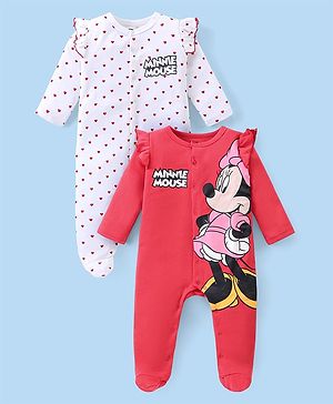 Babyhug Disney Interlock Full Sleeves Frill Detailed Sleep Suits With Minnie Mouse Graphics Pack Of 2 - Red & White