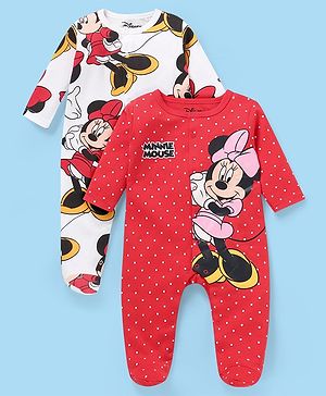 Babyhug Disney Cotton Knit Full Sleeves Sleep Suits With Minnie Mouse Graphics Pack Of 2 - Red & White