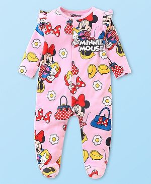 Babyhug Disney Interlock Knit Full Sleeves Sleepsuit With Minnie Mouse Graphic & Frill Detailing - Pink