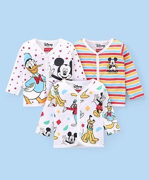 Babyhug Disney Cotton Knit Full Sleeves Front Open Jhablas with Striped & Mickey Mouse Graphics Pack of 3 - White
